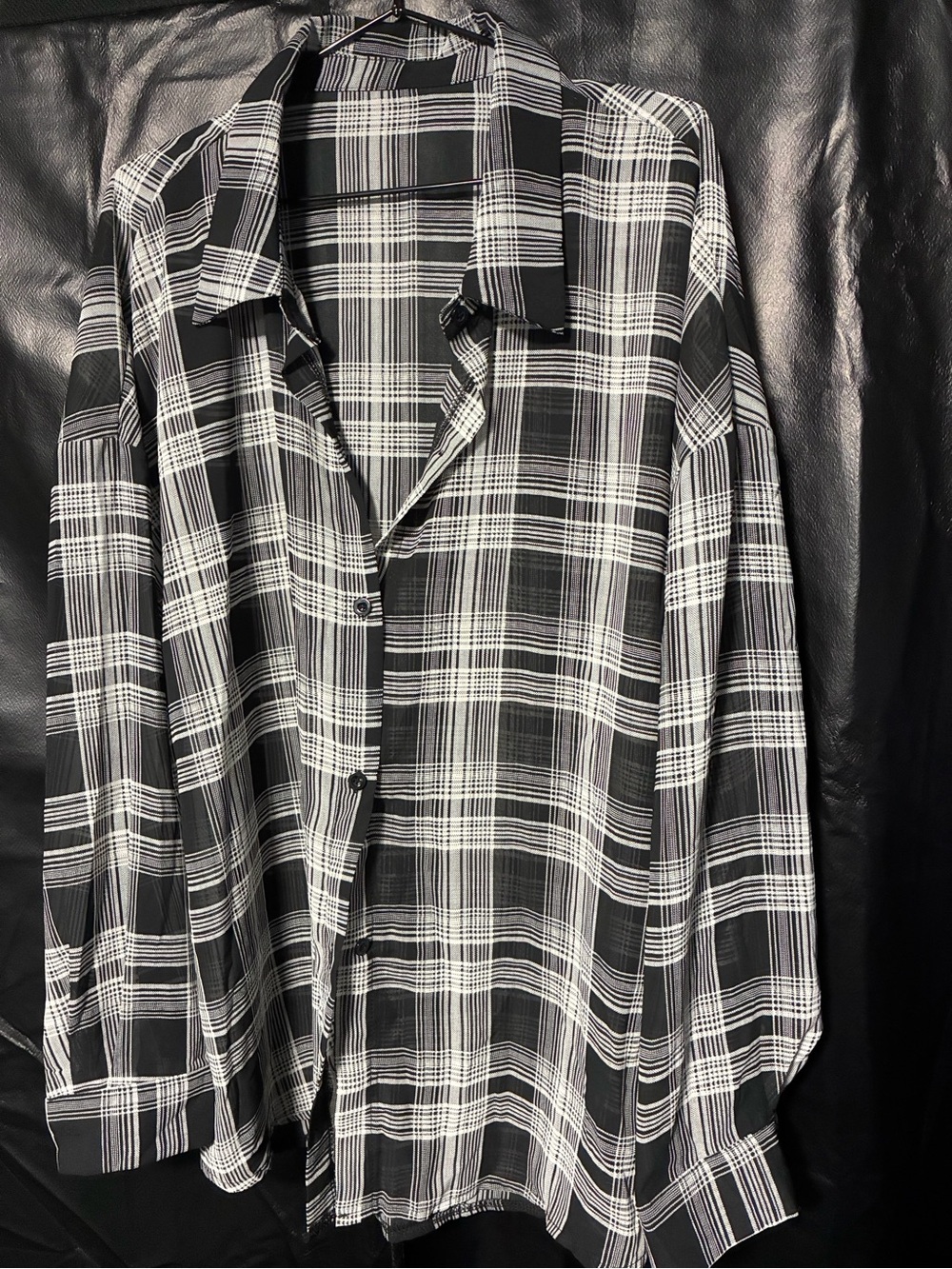 Black and White Sheer Plaid Button-Up Shirt